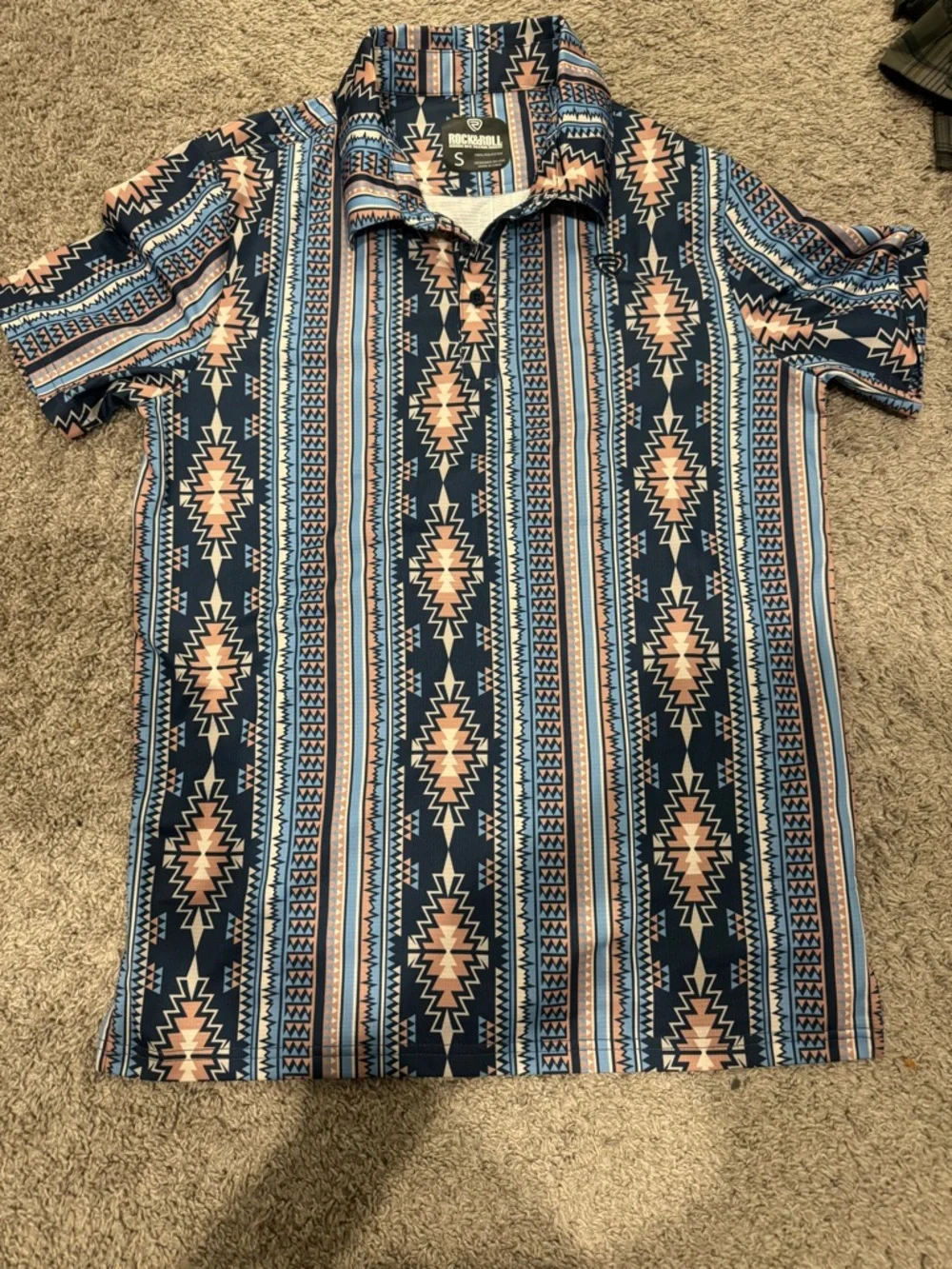 Rock & Roll Denim Men’s Blue & Peach Aztec Print Polo - Picture 2 of 2